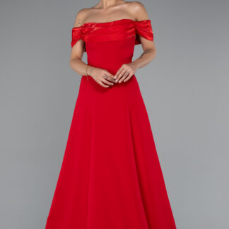 Kırmızı Saten Kayık Yaka Uzun Abiye Elbise ABU5110