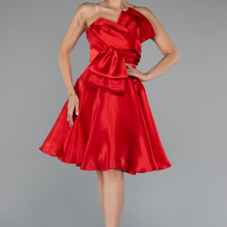 Kırmızı Straplez Kısa Saten Davet Elbisesi ABK2394