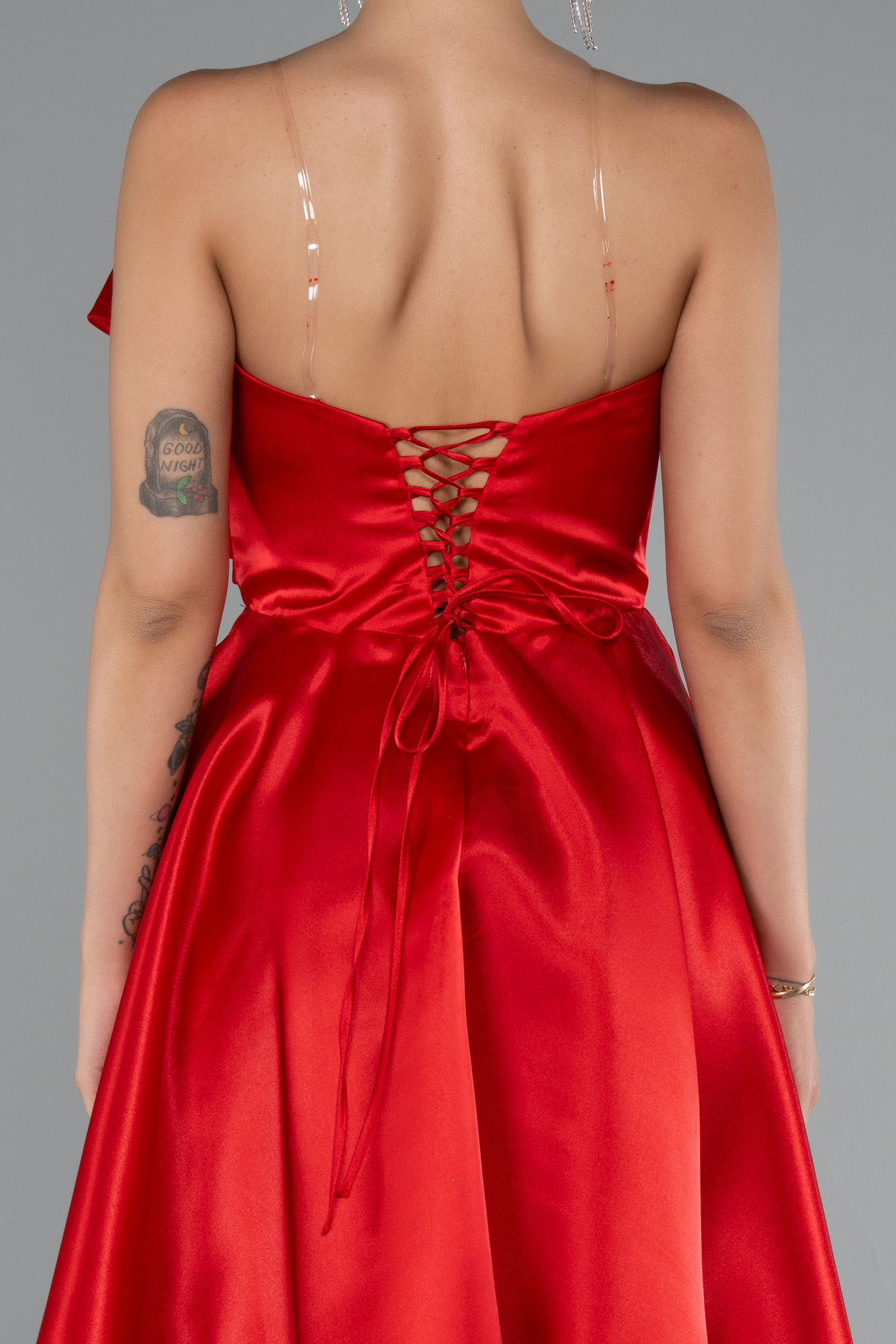 Kırmızı Straplez Kısa Saten Davet Elbisesi ABK2394 - Görsel 4