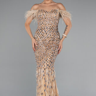 Gold Otriş Askılı Straplez Ayna Taşlı Uzun Abiye Elbise ABU4955