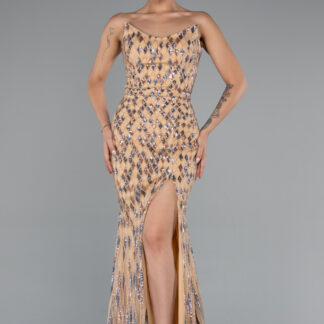 Gold Straplez Bacak Dekolteli Uzun Pul Payet Abiye ABU4898