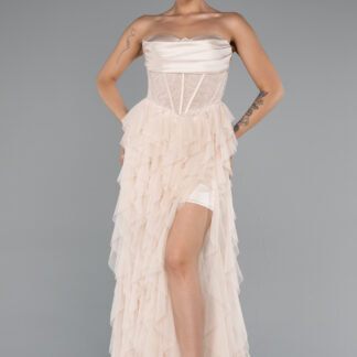 Bej Straplez Kat Kat Etekli Yırtmaçlı Uzun Abiye ABU5071