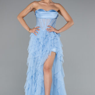 Buz Mavisi Straplez Kat Kat Etekli Yırtmaçlı Uzun Abiye ABU5071