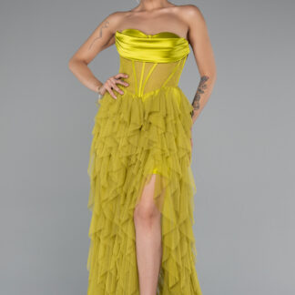 Fıstık Yeşili Straplez Yırtmaçlı Uzun Abiye ABU5071