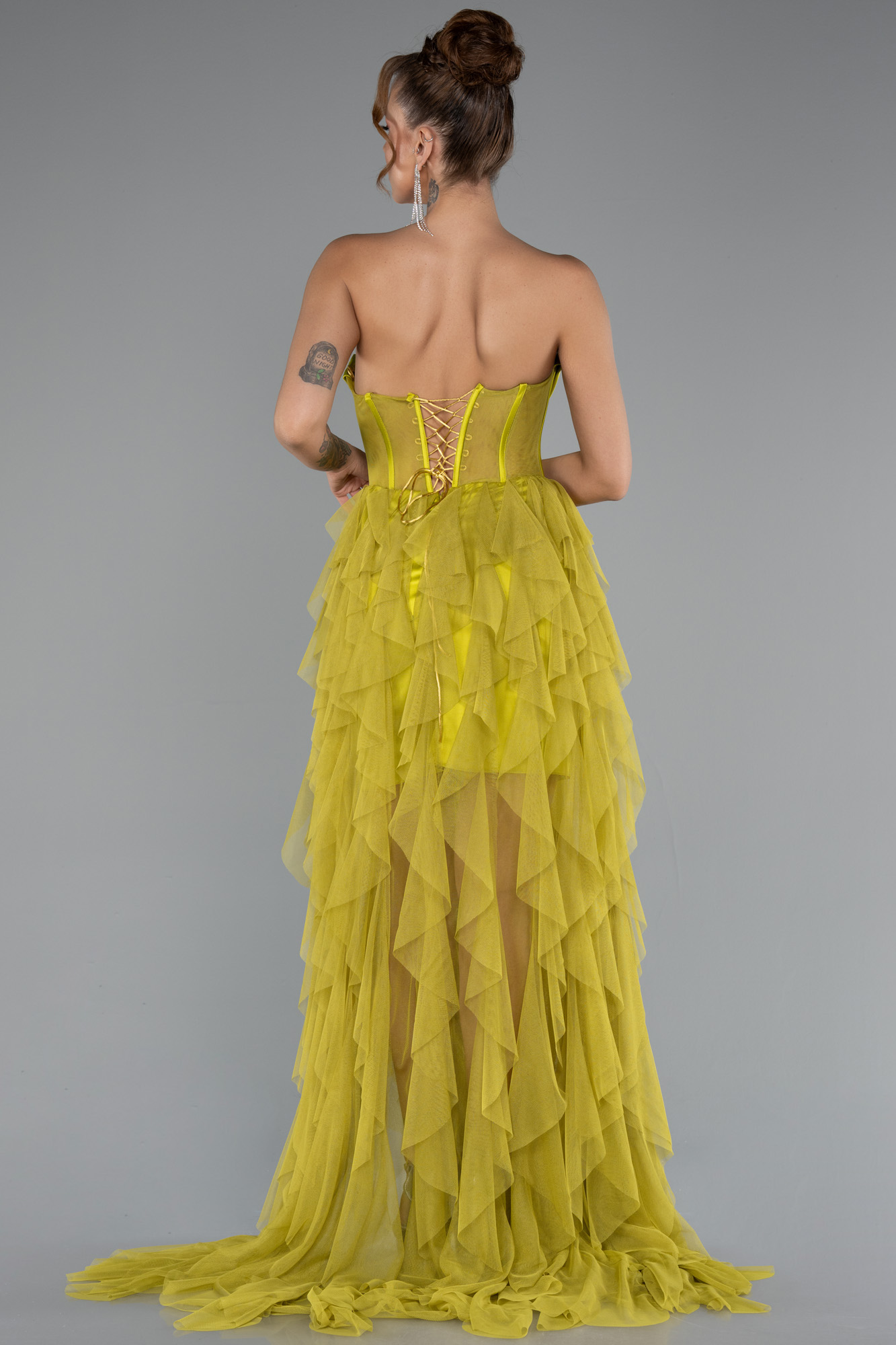 Fıstık Yeşili Straplez Yırtmaçlı Uzun Abiye ABU5071 - Görsel 2