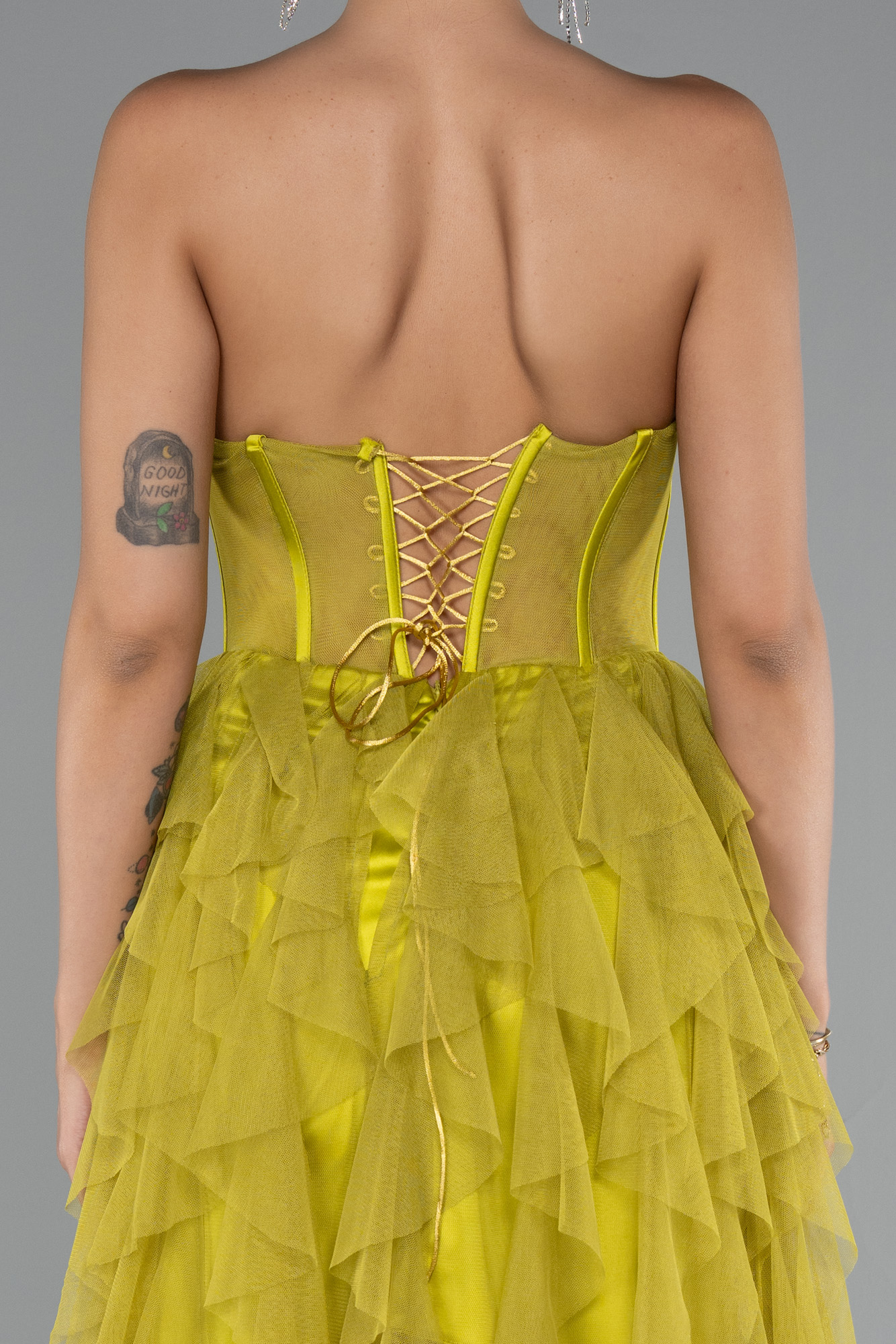 Fıstık Yeşili Straplez Yırtmaçlı Uzun Abiye ABU5071 - Görsel 4