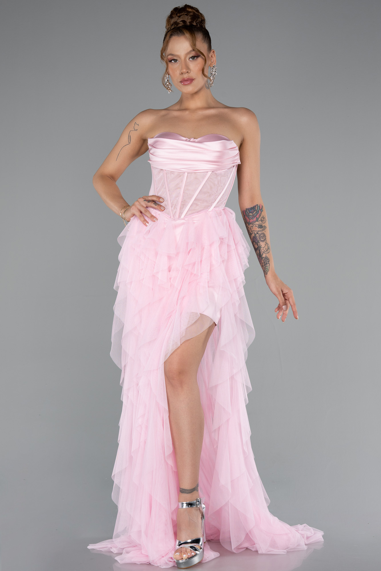 Pudra Straplez Kat Kat Etekli Yırtmaçlı Uzun Abiye ABU5071 - Görsel 3