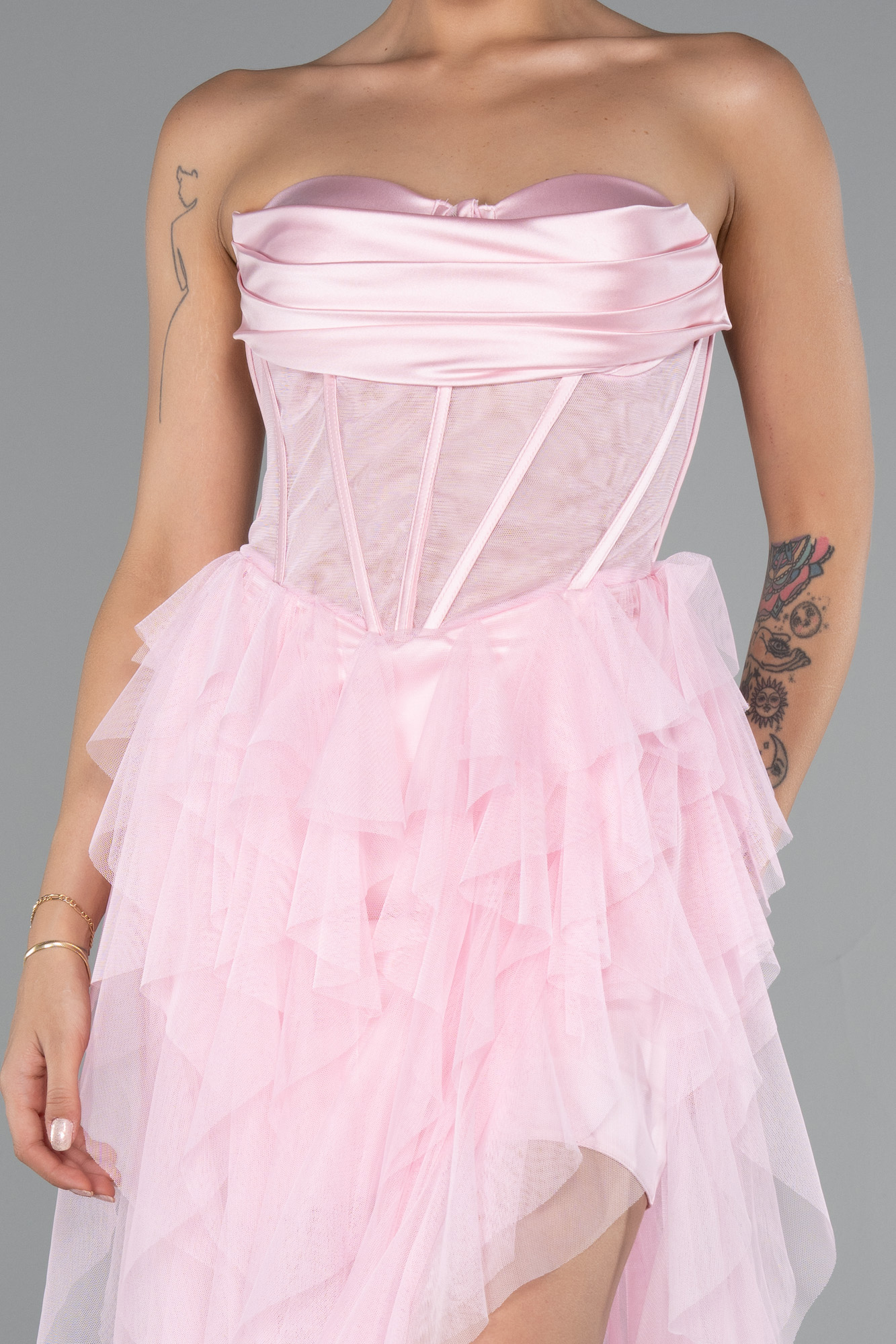 Pudra Straplez Kat Kat Etekli Yırtmaçlı Uzun Abiye ABU5071 - Görsel 5