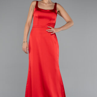 Kırmızı Askılı Kare Yaka Uzun Saten Abiye Elbise ABU5111