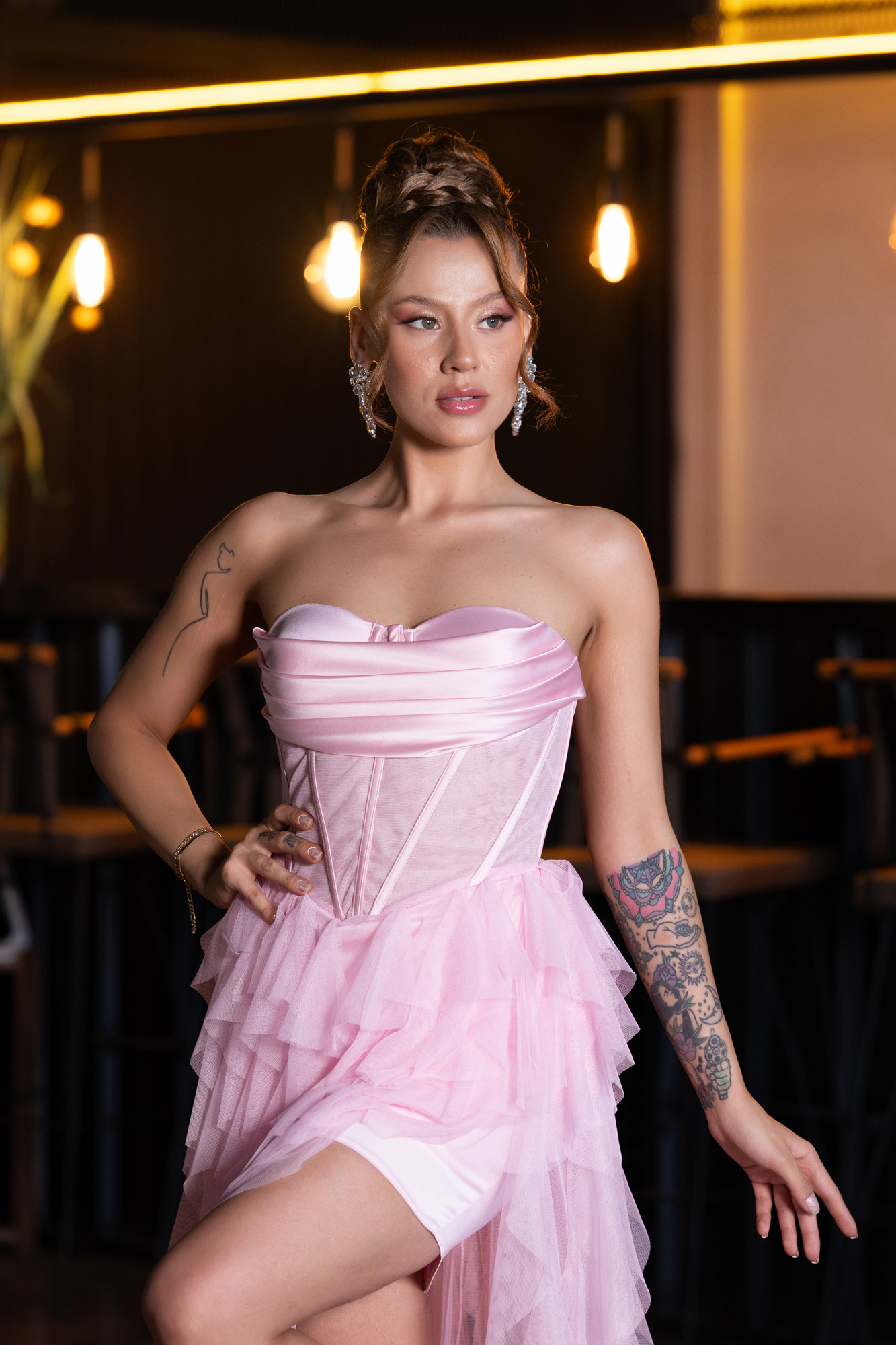 Pudra Straplez Kat Kat Etekli Yırtmaçlı Uzun Abiye ABU5071 - Görsel 2