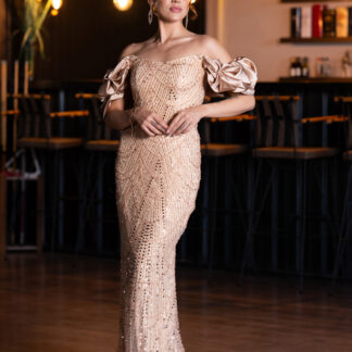 Gold Kısa Kol Boncuklu Uzun Taşlı Balık Abiye Elbise ABU4509