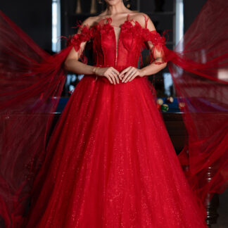 Kırmızı Çiçekli Kayık Yaka Uzun Simli Nişan Elbisesi ABU5101