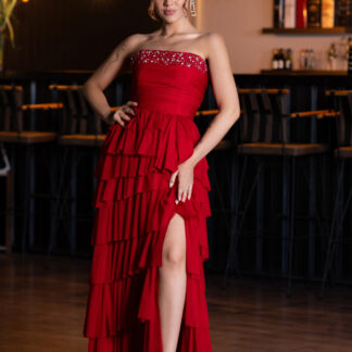 Kırmızı Taşlı Straplez Katlı Etek Yırtmaçlı Uzun Abiye ABU5104