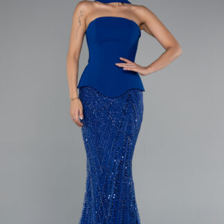 Saks Mavi Straplez Peplum Detay Taşlı Uzun Balık Abiye ABU5131