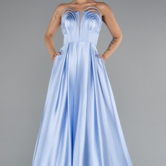 Buz Mavisi Straplez Uzun Saten Abiye Elbise ABU5105