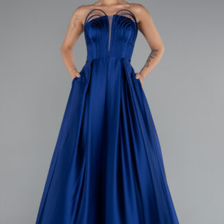 Saks Mavi Straplez Uzun Saten Abiye Elbise ABU5105