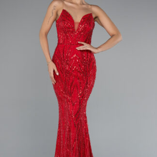 Kırmızı Straplez Uzun Pullu Özel Tasarım Balık Abiye ABU5112