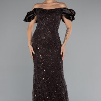 Koyu Kahve Kısa Kol Boncuklu Uzun Taşlı Balık Abiye ABU4509