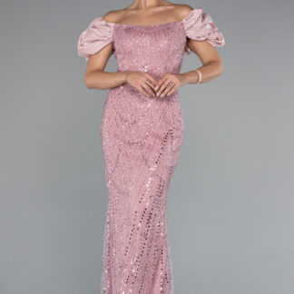 Pudra Kısa Kol Boncuklu Uzun Taşlı Balık Abiye ABU4509