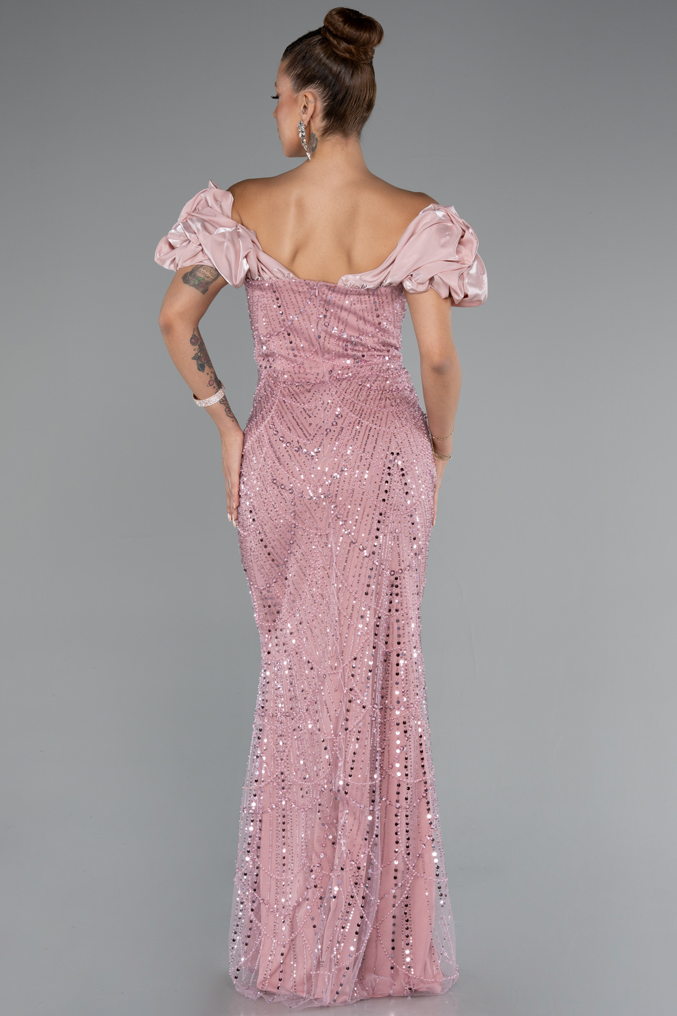 Pudra Kısa Kol Boncuklu Uzun Taşlı Balık Abiye ABU4509 - Görsel 2