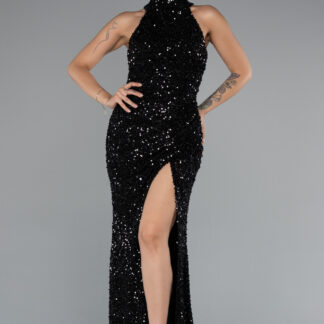 Siyah Halter Yaka Bacak Dekolteli Uzun Pullu Abiye ABU5135