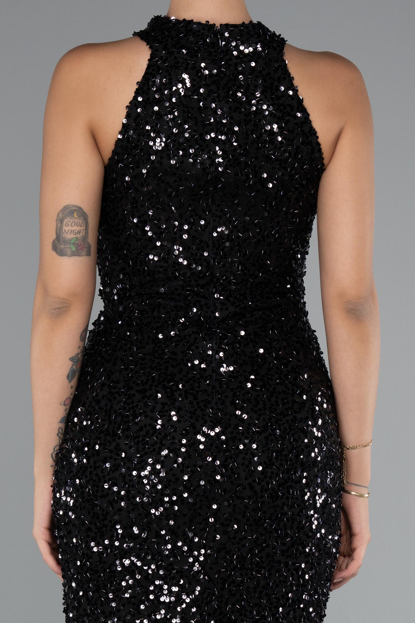 Siyah Halter Yaka Bacak Dekolteli Uzun Pullu Abiye ABU5135 - Görsel 4