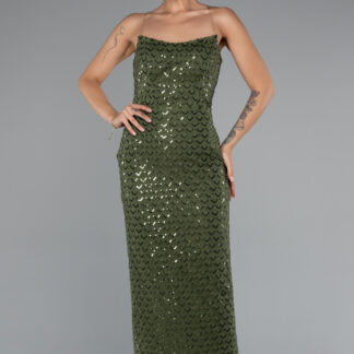 Haki Straplez Midi Boncuklu Gece Elbisesi ABK2398