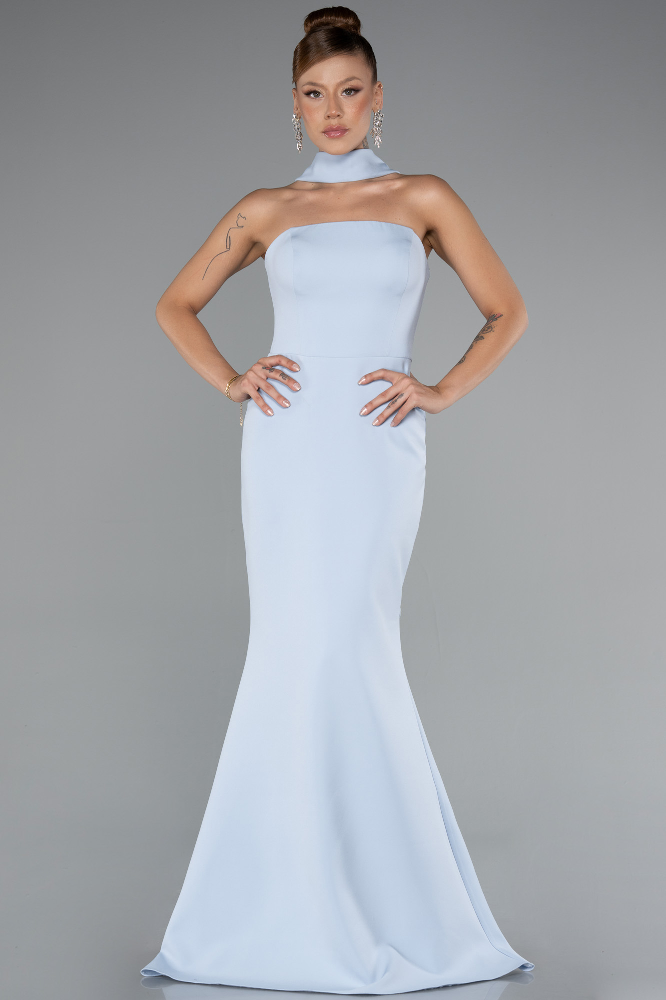 Buz Mavisi Straplez Şal Aksesuarlı Uzun Balık Abiye ABU5097