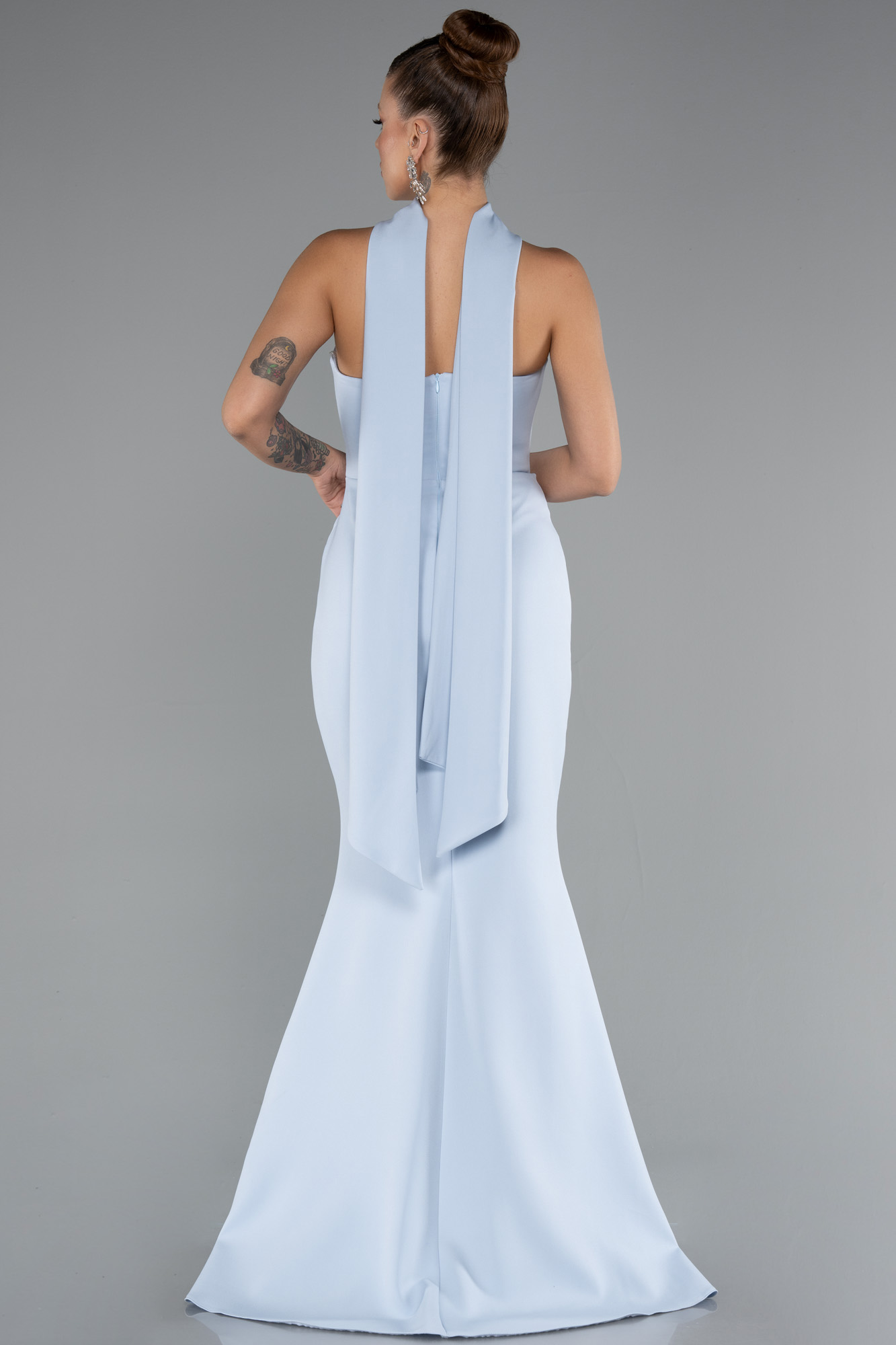 Buz Mavisi Straplez Şal Aksesuarlı Uzun Balık Abiye ABU5097 - Görsel 2