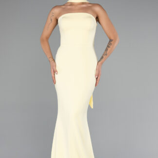 Sarı Straplez Şal Aksesuarlı Uzun Balık Abiye ABU5097