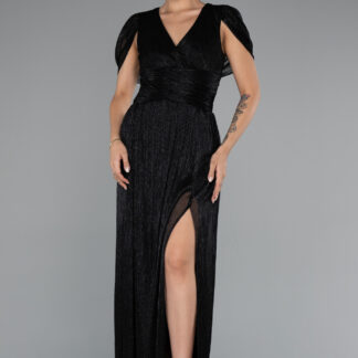 Siyah Kısa Kol Bacak Dekolteli Uzun Simli Abiye ABU5098