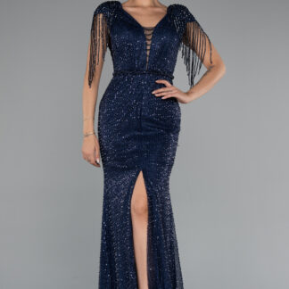 Lacivert Bacak Dekolteli Uzun Taşlı Özel Tasarım Abiye ABU5132