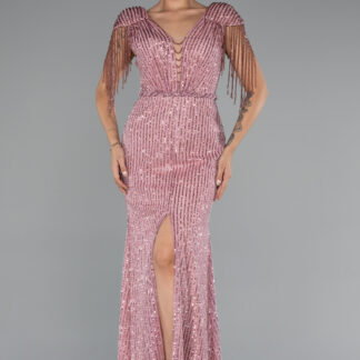 Pudra Bacak Dekolteli Uzun Taşlı Özel Tasarım Abiye ABU5132