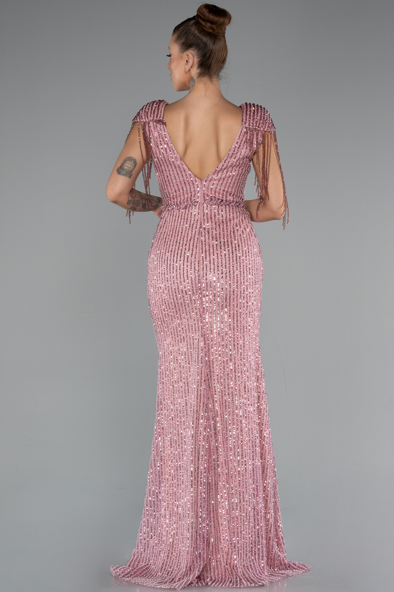 Pudra Bacak Dekolteli Uzun Taşlı Özel Tasarım Abiye ABU5132 - Görsel 2