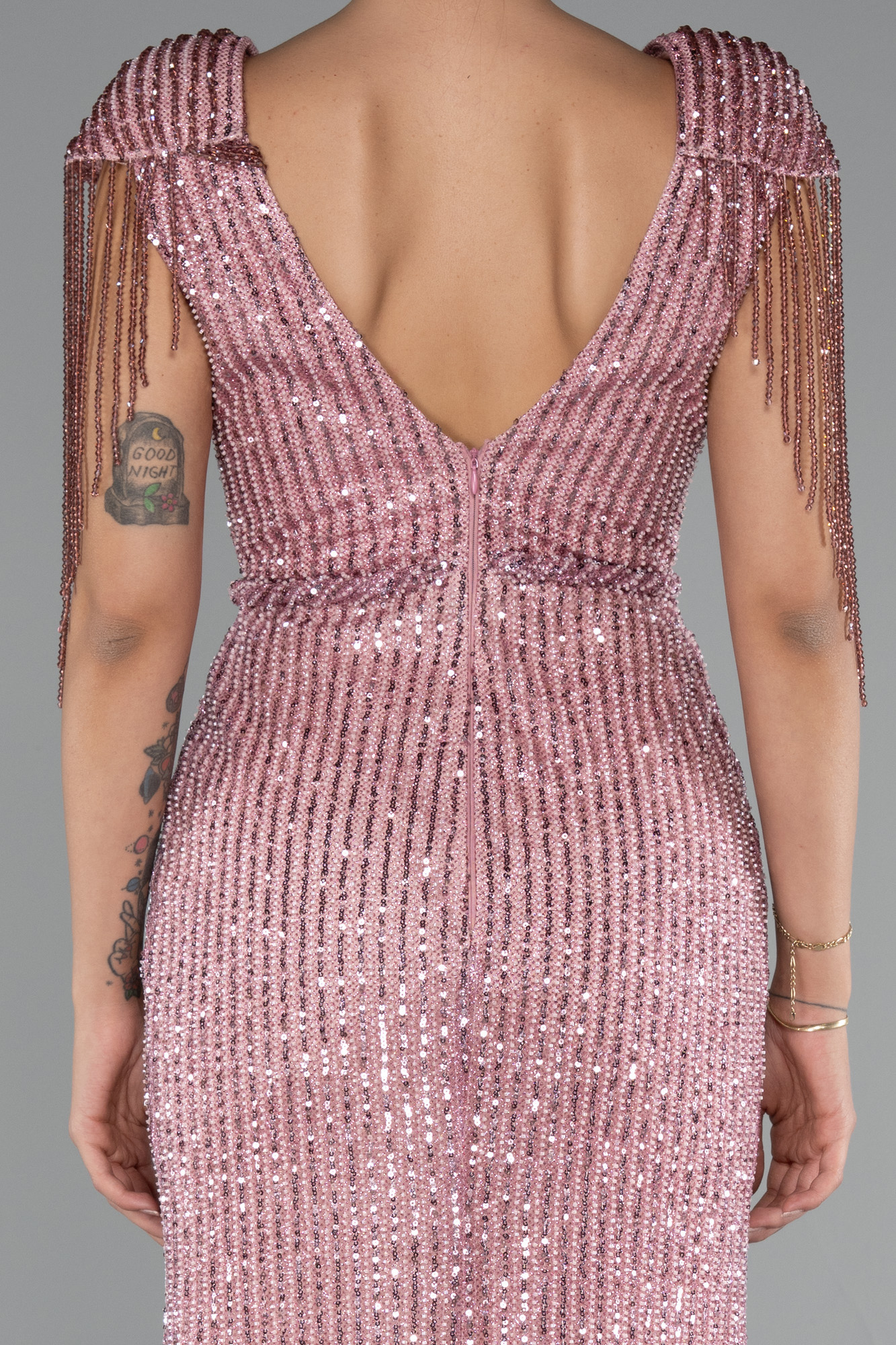 Pudra Bacak Dekolteli Uzun Taşlı Özel Tasarım Abiye ABU5132 - Görsel 4