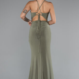 Haki Bacak Ve Sırt Dekolteli Uzun Abiye ABU3949