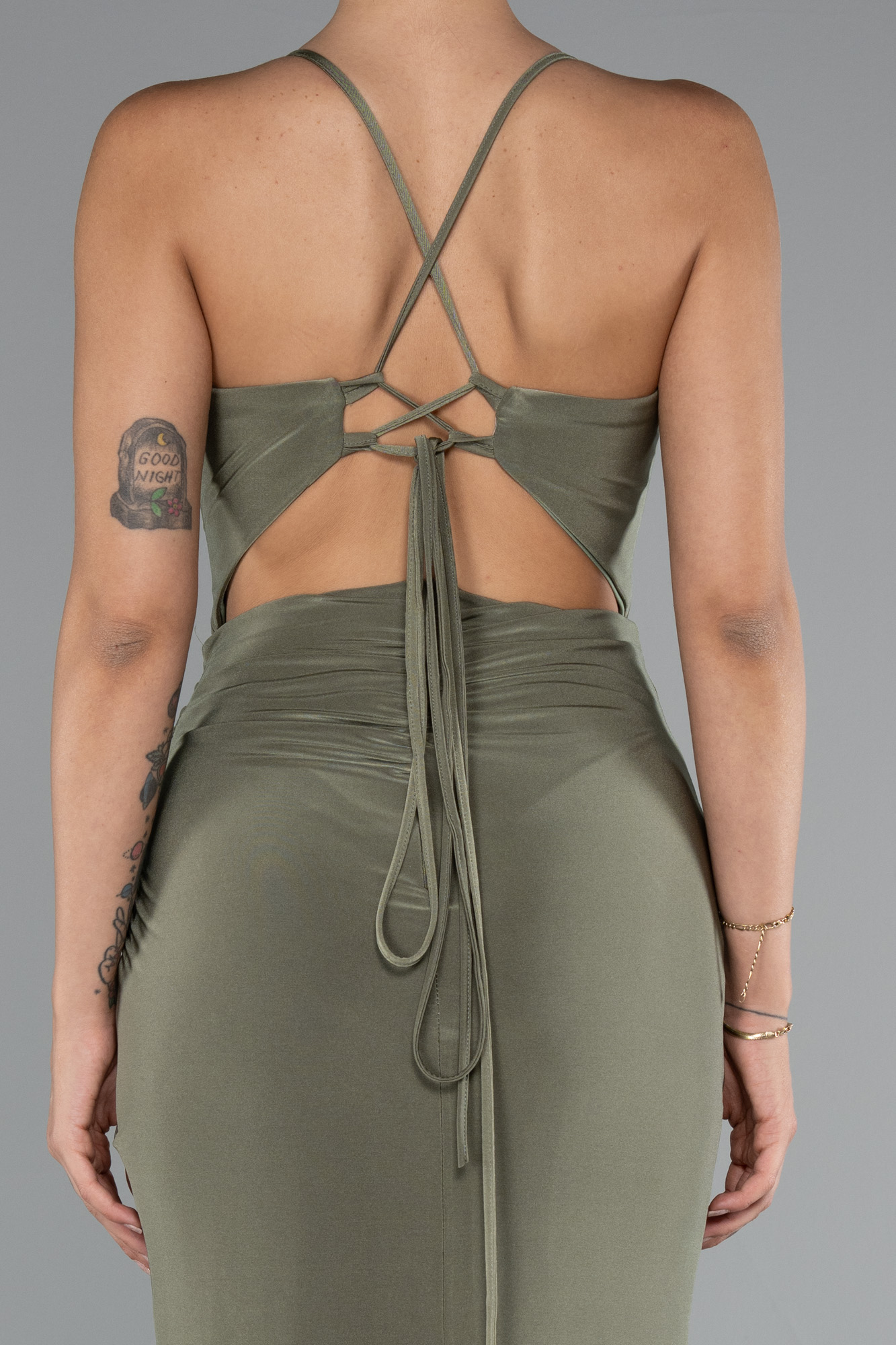 Haki Bacak Ve Sırt Dekolteli Uzun Abiye ABU3949 - Görsel 4