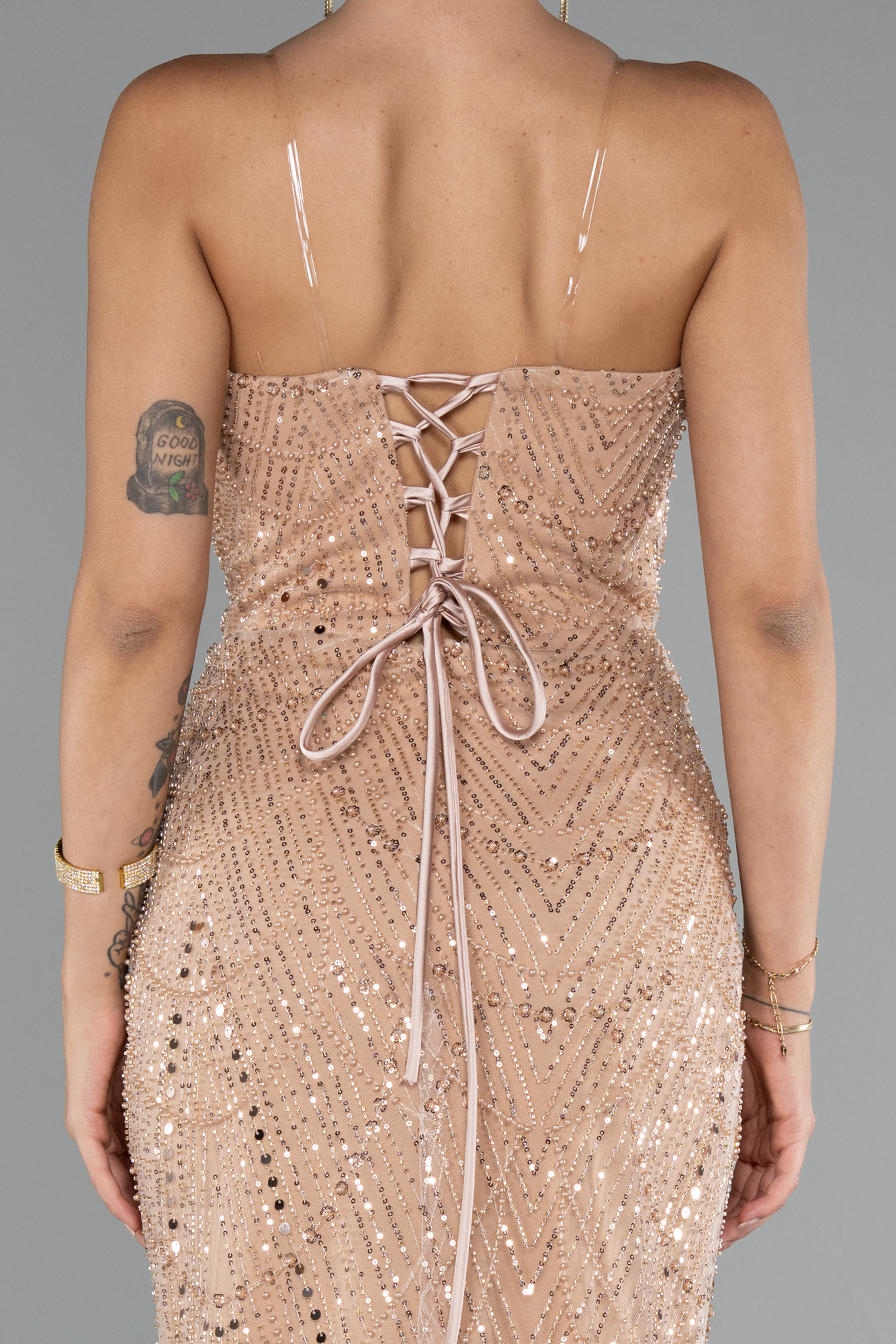 Gold Straplez Uzun Boncuklu Balık Abiye ABU5142 - Görsel 5