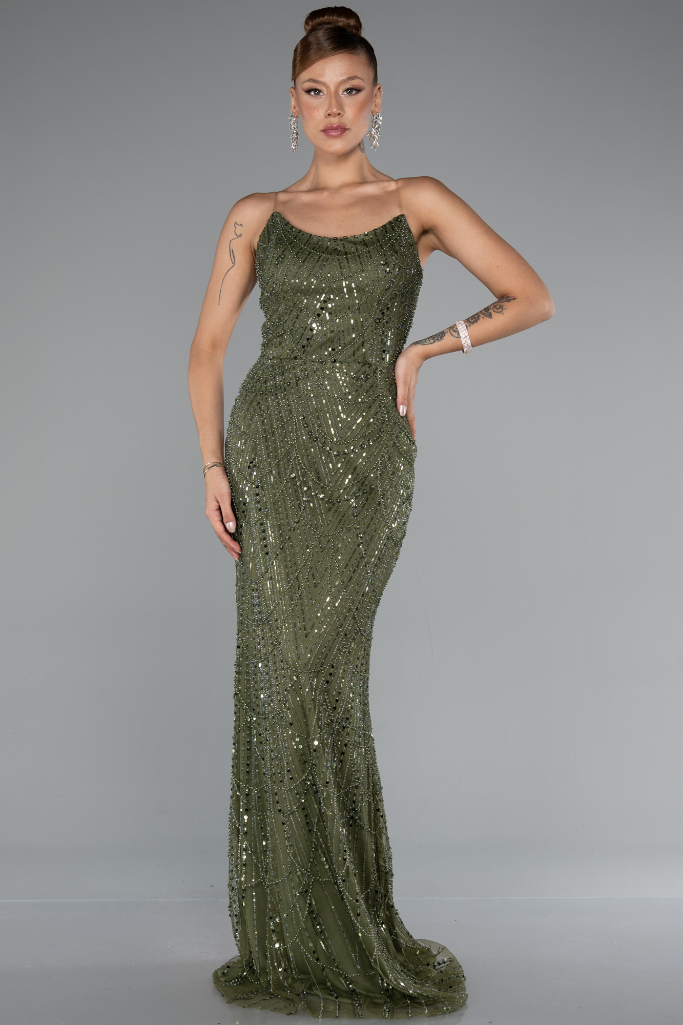 Haki Straplez Uzun Boncuklu Balık Abiye ABU5142