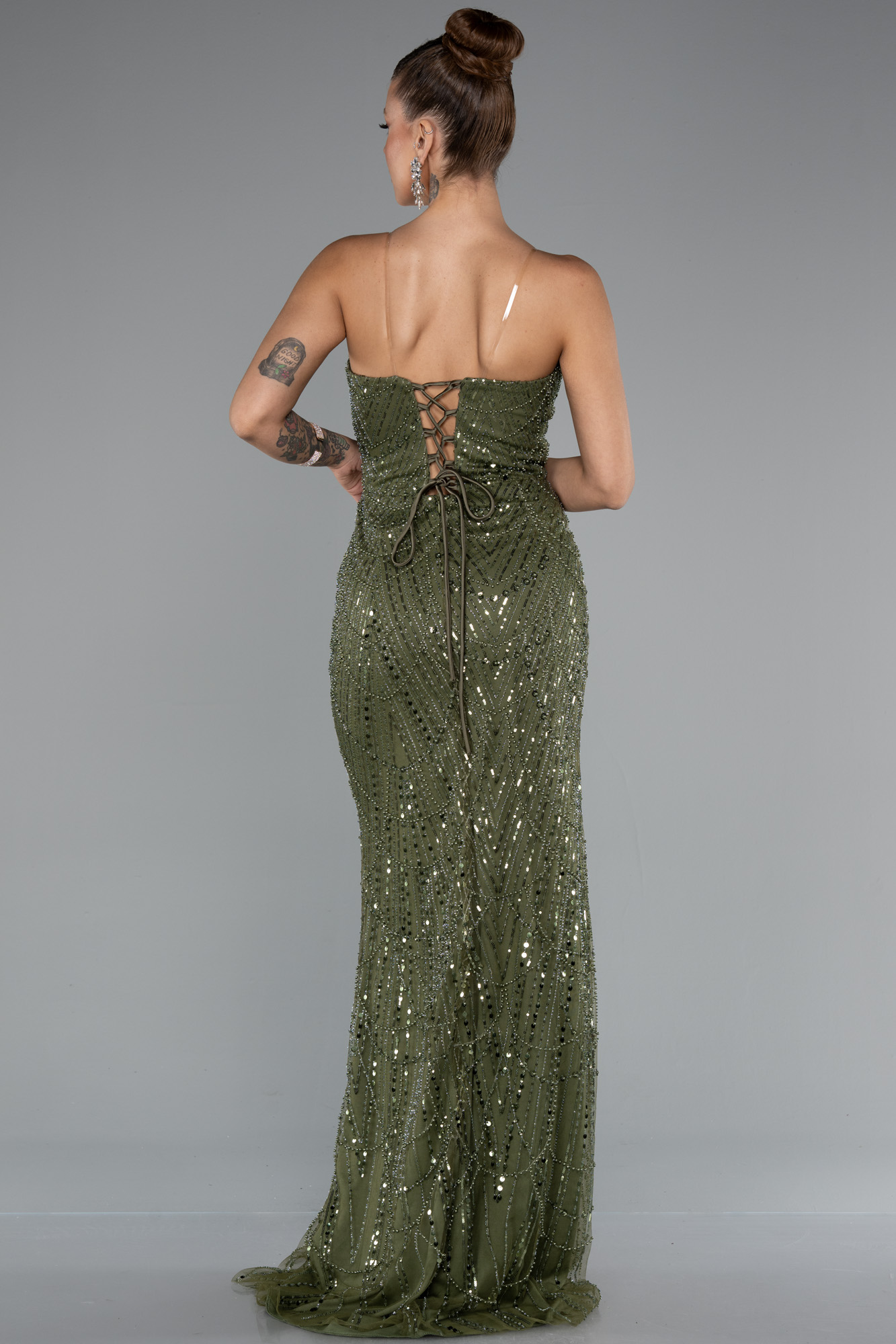 Haki Straplez Uzun Boncuklu Balık Abiye ABU5142 - Görsel 2