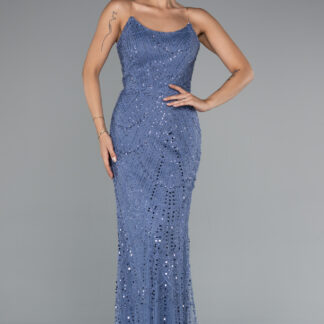 İndigo Straplez Uzun Boncuklu Balık Abiye ABU5142