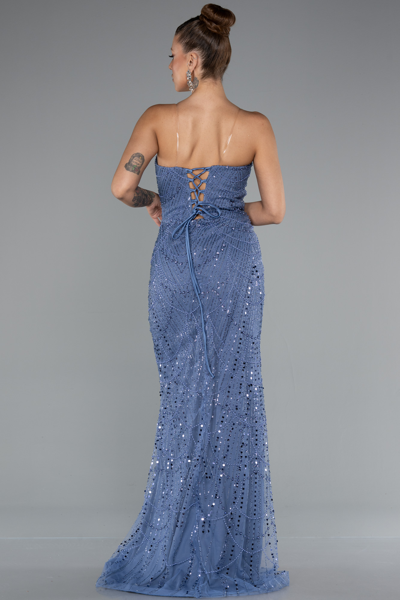 İndigo Straplez Uzun Boncuklu Balık Abiye ABU5142 - Görsel 2