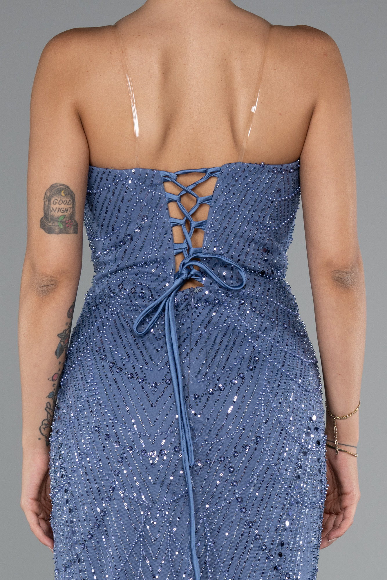 İndigo Straplez Uzun Boncuklu Balık Abiye ABU5142 - Görsel 4