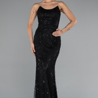 Siyah Straplez Uzun Boncuklu Balık Abiye ABU5142