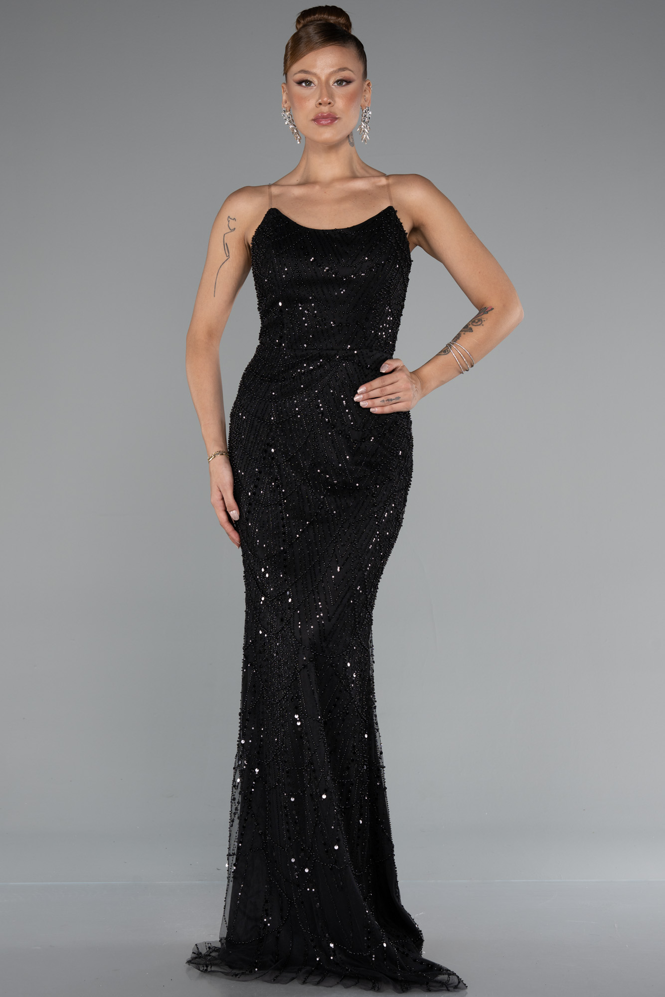 Siyah Straplez Uzun Boncuklu Balık Abiye ABU5142