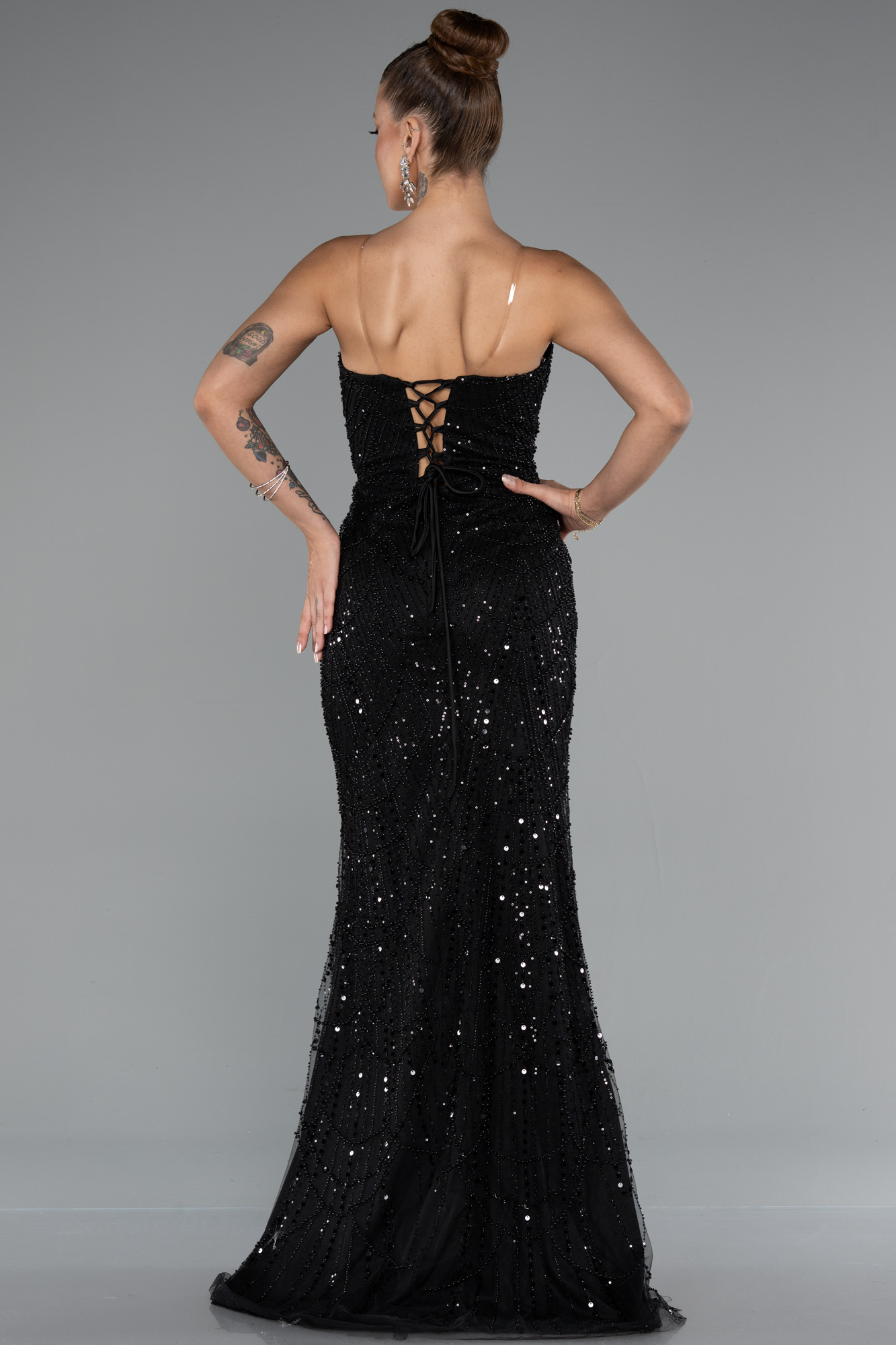 Siyah Straplez Uzun Boncuklu Balık Abiye ABU5142 - Görsel 2