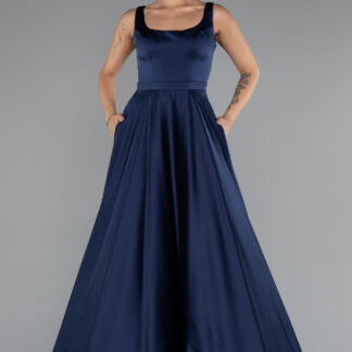 Lacivert Kolsuz Uzun Saten Abiye Elbise ABU5136