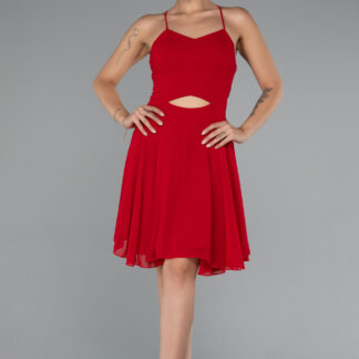 Kırmızı Askılı Kısa Şifon Mezuniyet Elbisesi ABK2352