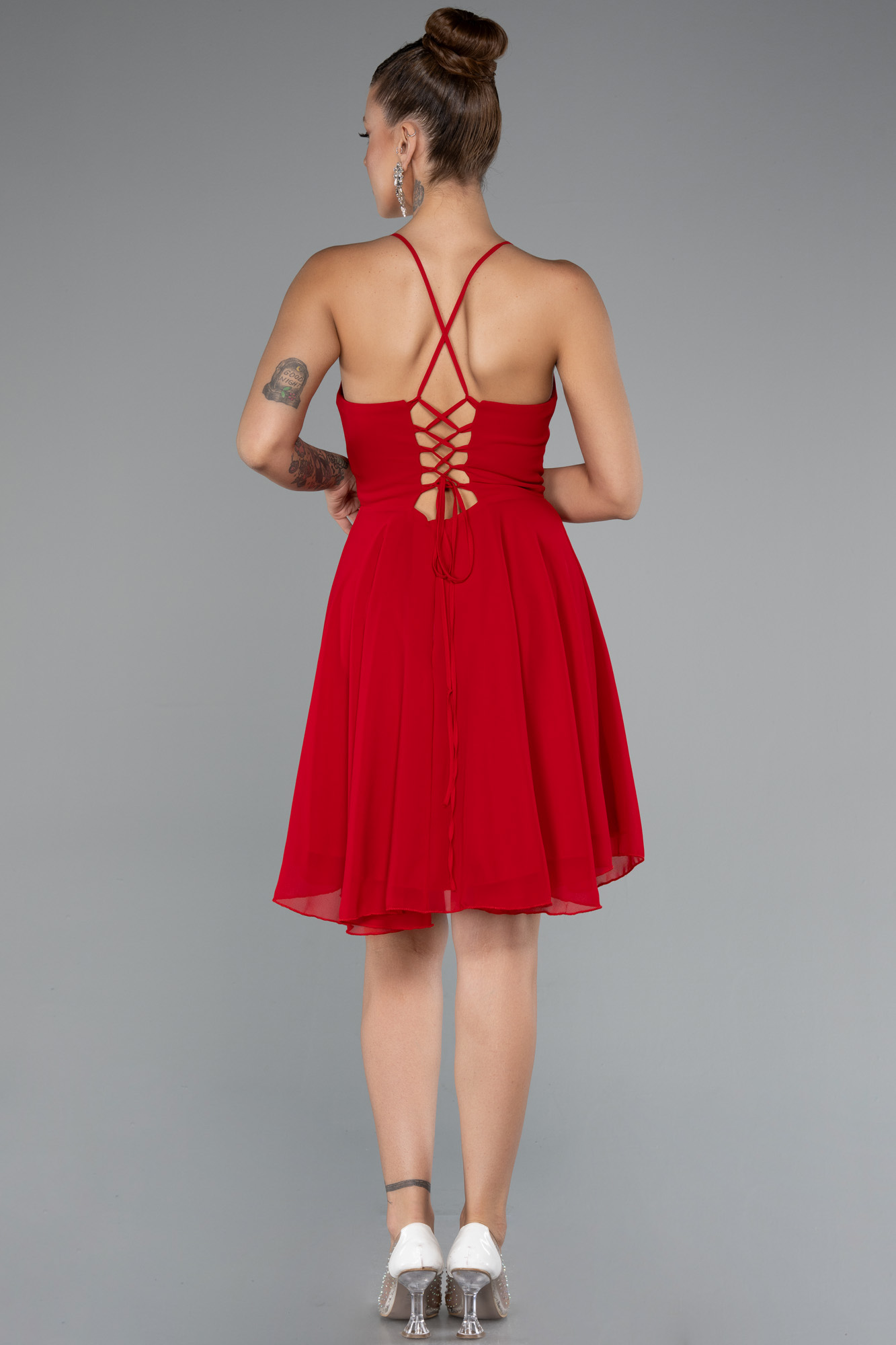 Kırmızı Askılı Kısa Şifon Mezuniyet Elbisesi ABK2352 - Görsel 2