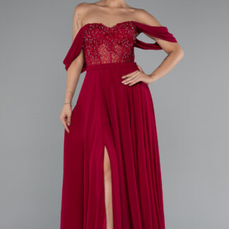 Mürdüm İşlemeli Kayık Yaka Yırtmaçlı Uzun Şifon Abiye ABU3310